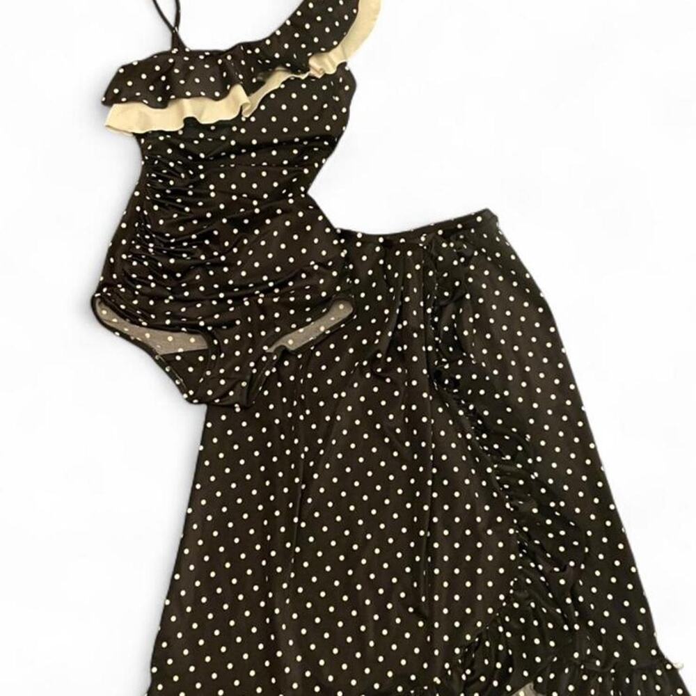 Vintage 80s deadstock swimsuit black white with skirt